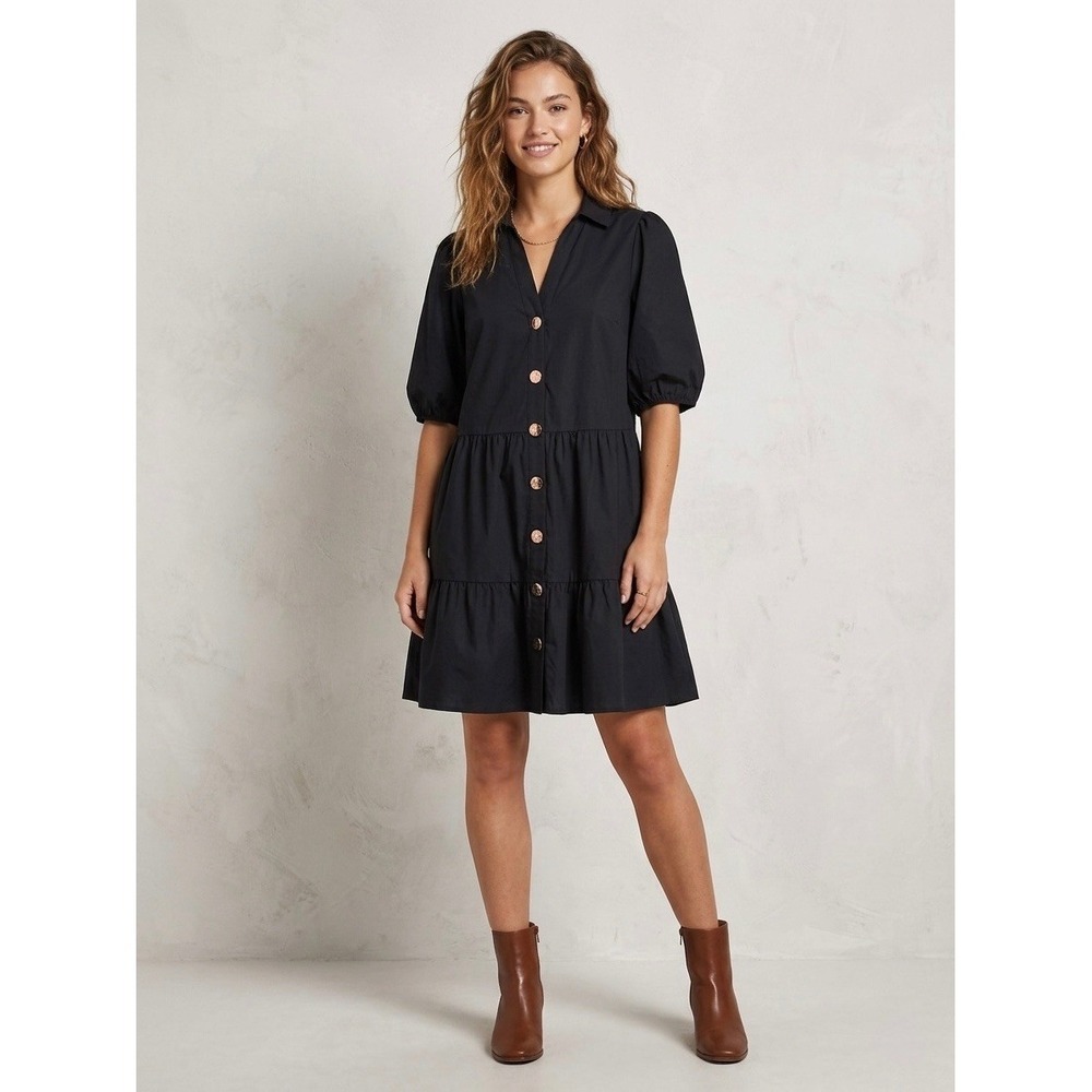 River Island Plus Black Tiered Shirt Dress Puff Sleeve Cotton Blend Size 20 US